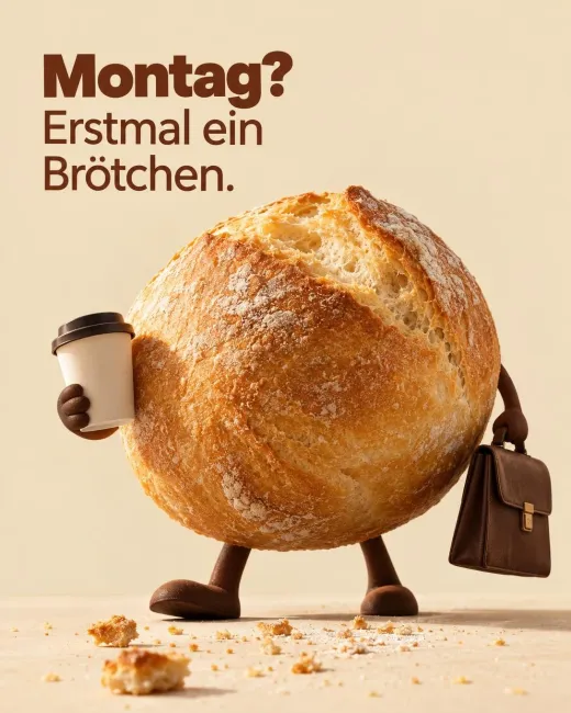 Ein Brotlaib mit Armen und Beinen geht mit Kaffeebecher und Aktentasche zur Arbeit, darüber steht „Montag? Erstmal ein Brötchen.“