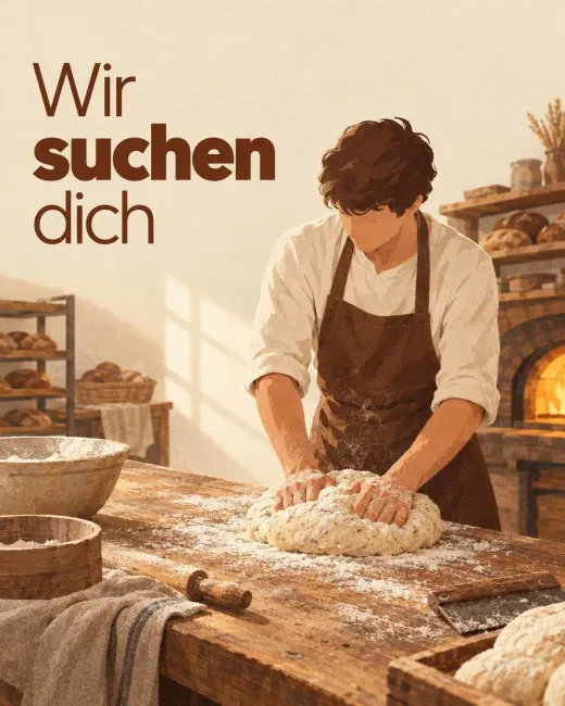 Ein Bäcker knetet in einer warm beleuchteten Backstube Teig auf einem Holztisch, gemalt als Illustration, daneben steht „Wir suchen dich“.