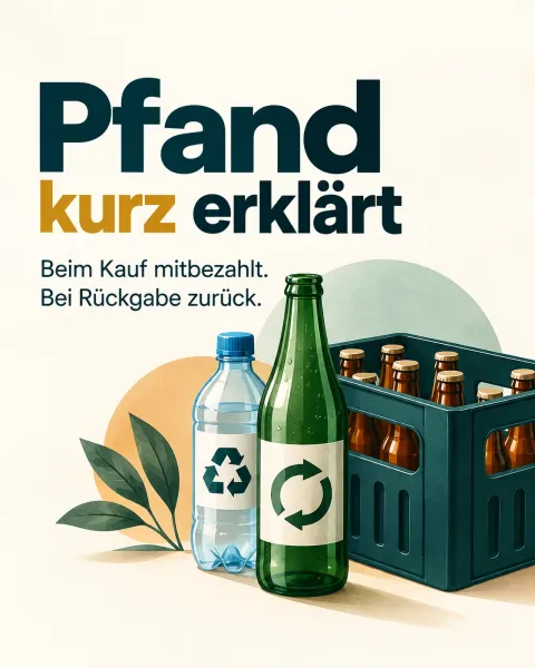 Eine Glasflasche, eine Plastikflasche und ein Kasten Bier sind in Grün und Ocker gezeichnet, darüber steht „Pfand kurz erklärt“.