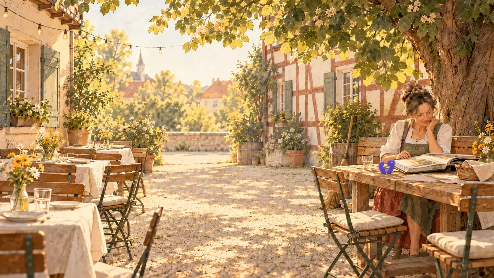 Illustration: Eine Gastwirtin sitzt im Biergarten unter einem Kastanienbaum an einem Holztisch und blättert in einer Mappe. Auf dem Tisch steht eine kleine Figur.