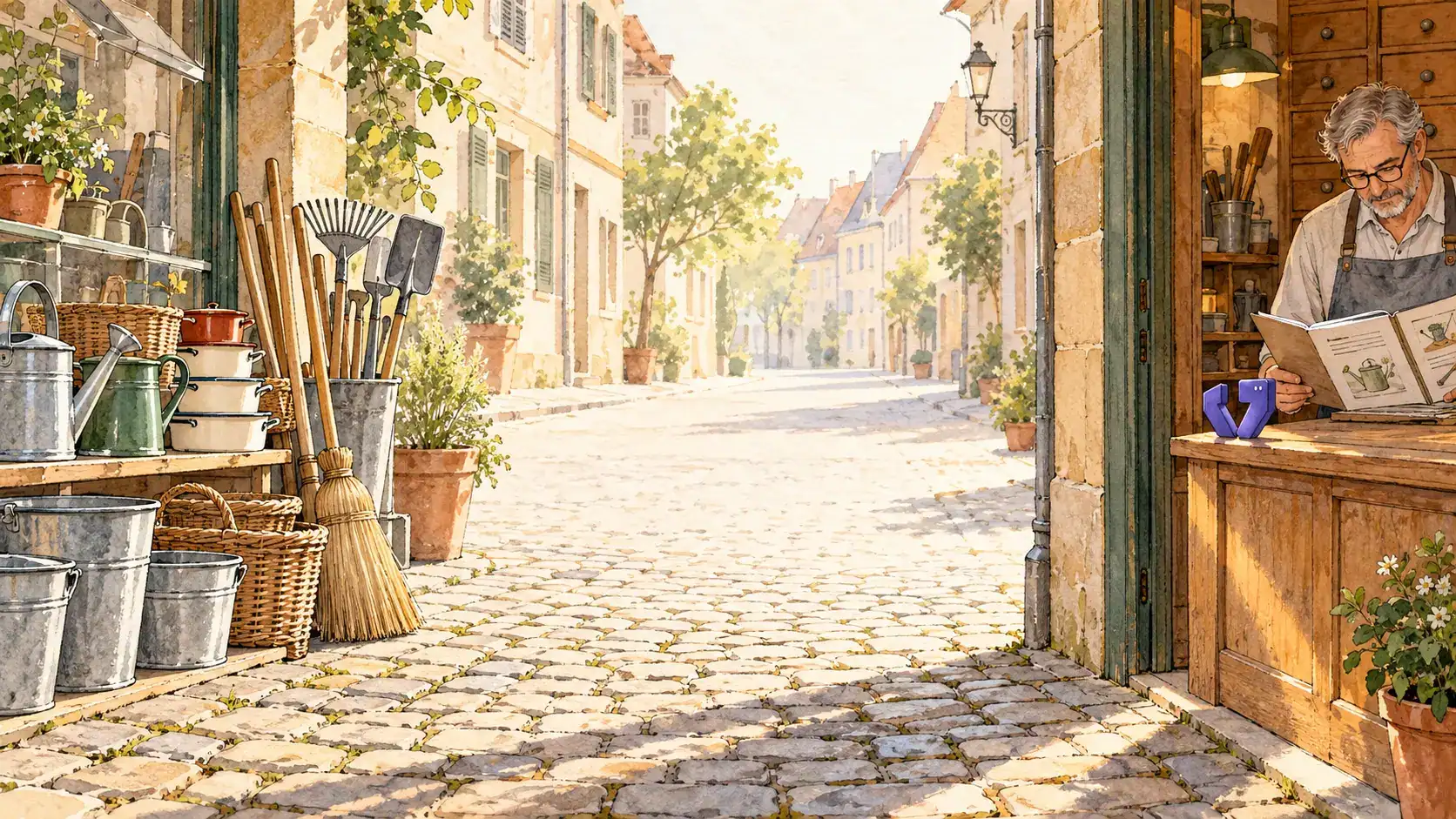 Illustration: Ein Ladeninhaber in Schürze sitzt in der Tür seines Geschäfts und liest in einer Mappe, draußen stehen Gießkannen und Besen auf dem Pflaster. Auf dem Tresen steht eine kleine Figur.