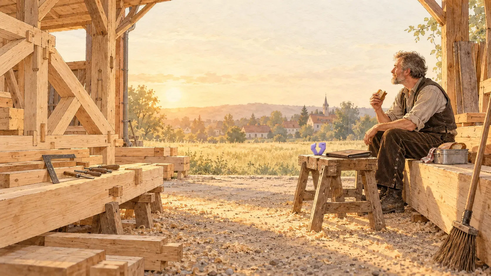 Illustration: Ein Zimmermann sitzt im Abendlicht auf einem Holzbock vor einem Dachstuhl und isst ein Brot. Auf dem Bock liegt eine Mappe, davor steht eine kleine Figur.