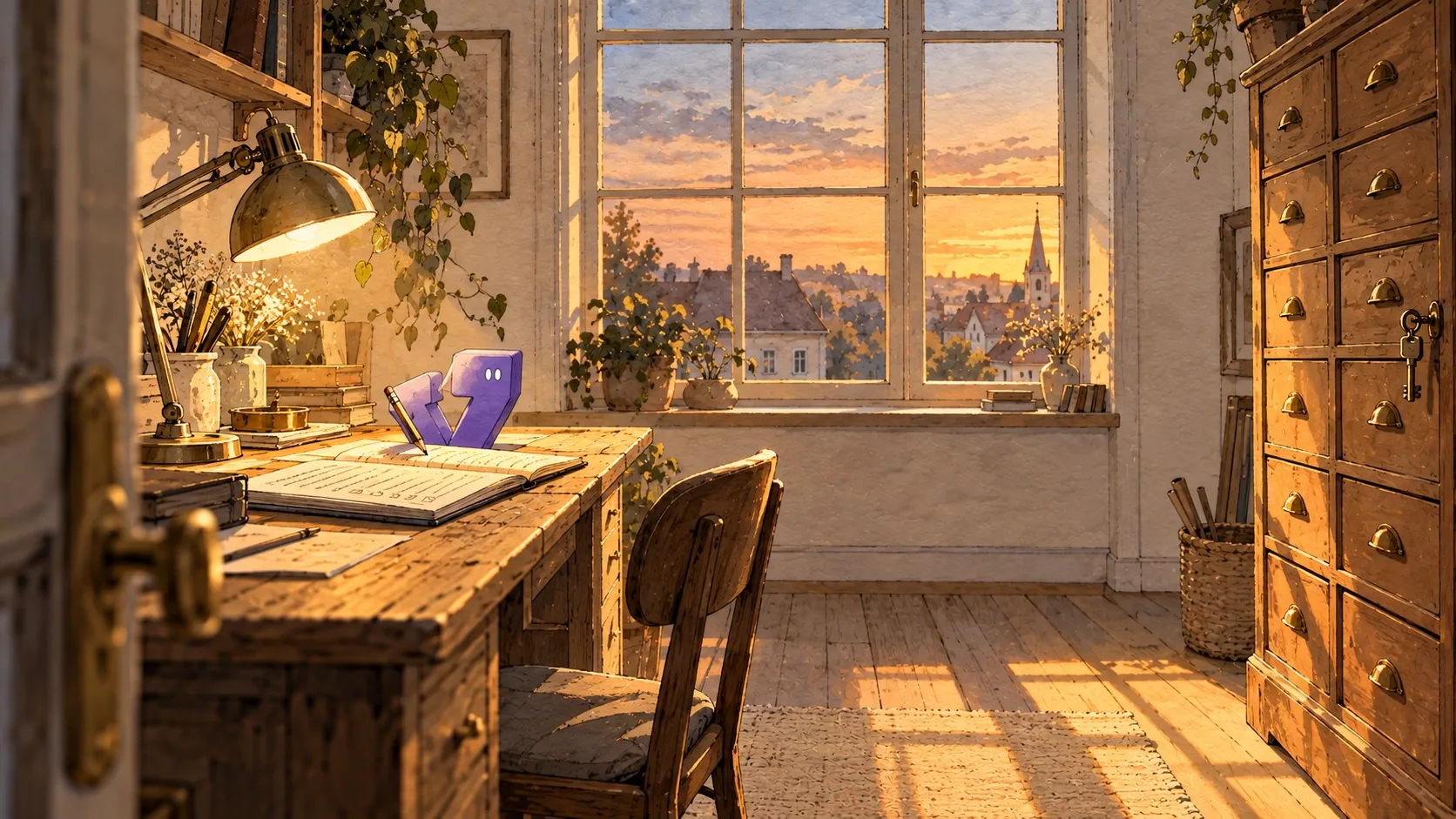 Illustration: Ein Schreibtisch am Fenster im Abendlicht mit Schreibtischlampe, aufgeschlagenem Buch und Stift, rechts ein Aktenschrank mit Schubladen. Auf dem Schreibtisch steht eine kleine Figur.