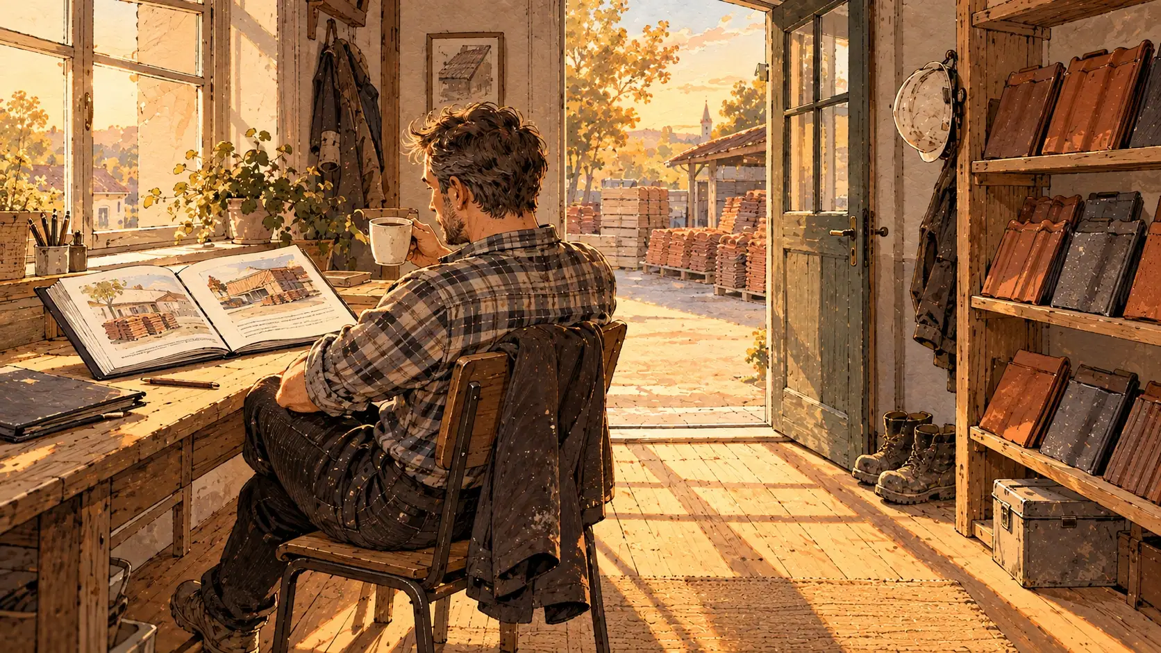 Illustration: Ein Handwerker sitzt von hinten am Fenster seiner Werkstatt, trinkt Kaffee und blättert in einem Buch mit Zeichnungen. Im Regal liegen Dachziegel.