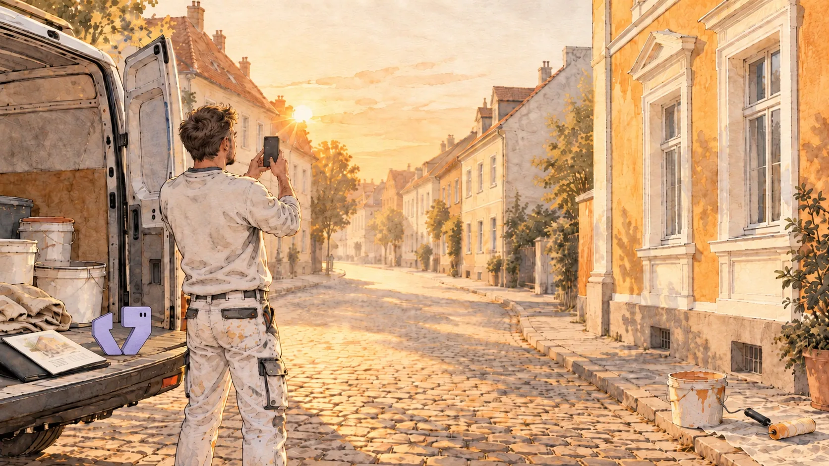 Illustration: Ein Maler steht an seinem Transporter in einer Altstadtgasse und fotografiert mit dem Handy die Straße im Abendlicht. Auf der Ladefläche liegt eine Mappe, daneben steht eine kleine Figur.