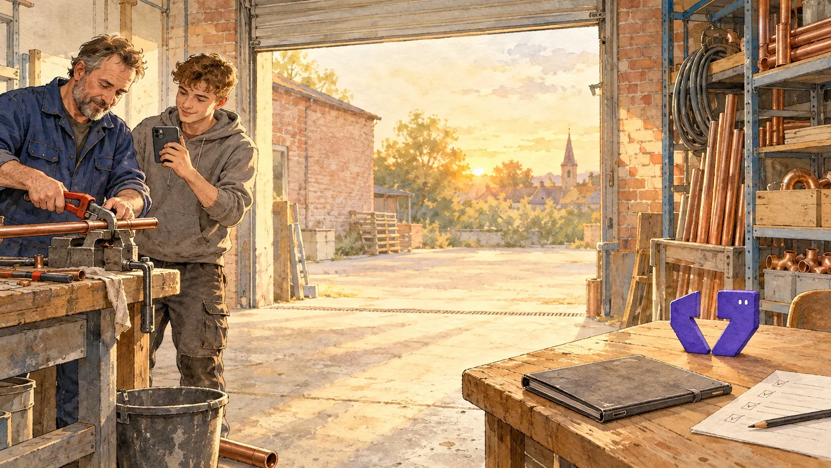 Illustration: In einer Werkstatt spannt ein Installateur ein Kupferrohr in den Schraubstock, neben ihm filmt ein Azubi mit dem Handy. Rechts auf dem Werktisch liegt eine Mappe, daneben steht eine kleine Figur.