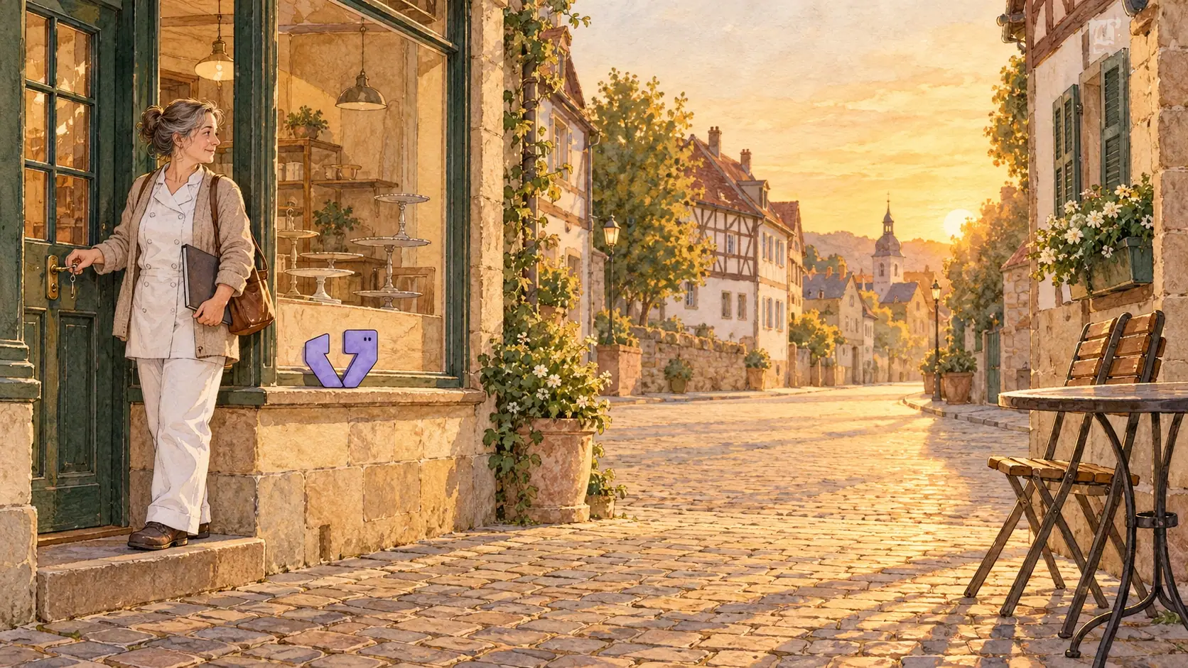 Illustration: Eine Frau in Berufskleidung steht an der Tür ihres Ladens, einen Schlüssel im Schloss und eine Mappe unter dem Arm, die Gasse liegt im Abendlicht. Auf der Fensterbank steht eine kleine Figur.
