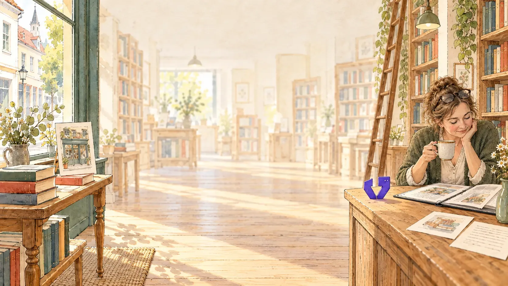 Illustration: Eine Buchhändlerin sitzt in ihrem hellen Laden an einem Holztisch, trinkt Kaffee und blättert in einer aufgeschlagenen Mappe. Neben der Mappe steht eine kleine Figur.