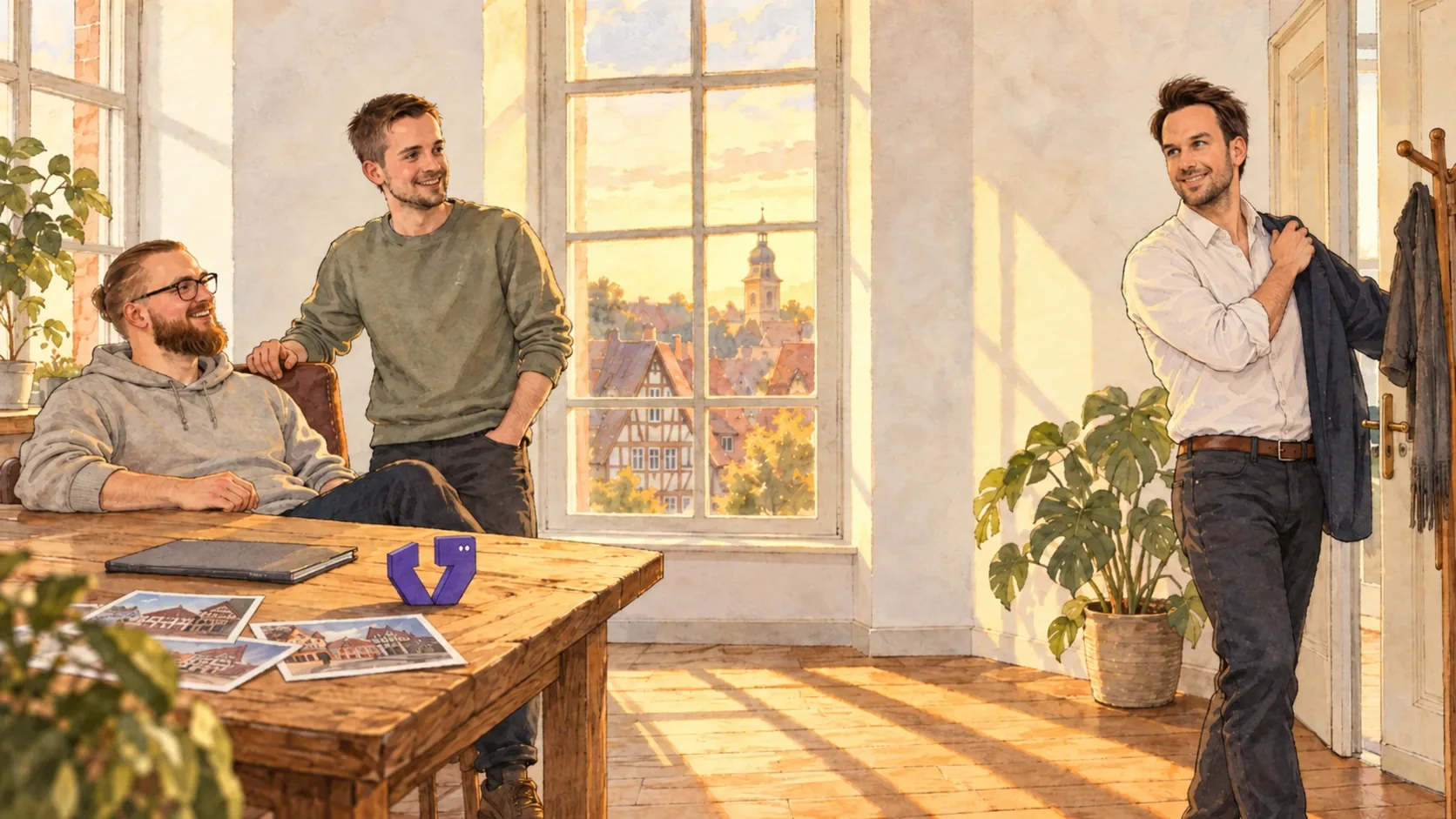 Illustration: Drei Männer in einem hellen Büro: Zwei sitzen und stehen lachend an einem Holztisch, einer zieht sich am Garderobenständer das Jackett an. Auf dem Tisch steht eine kleine Figur.