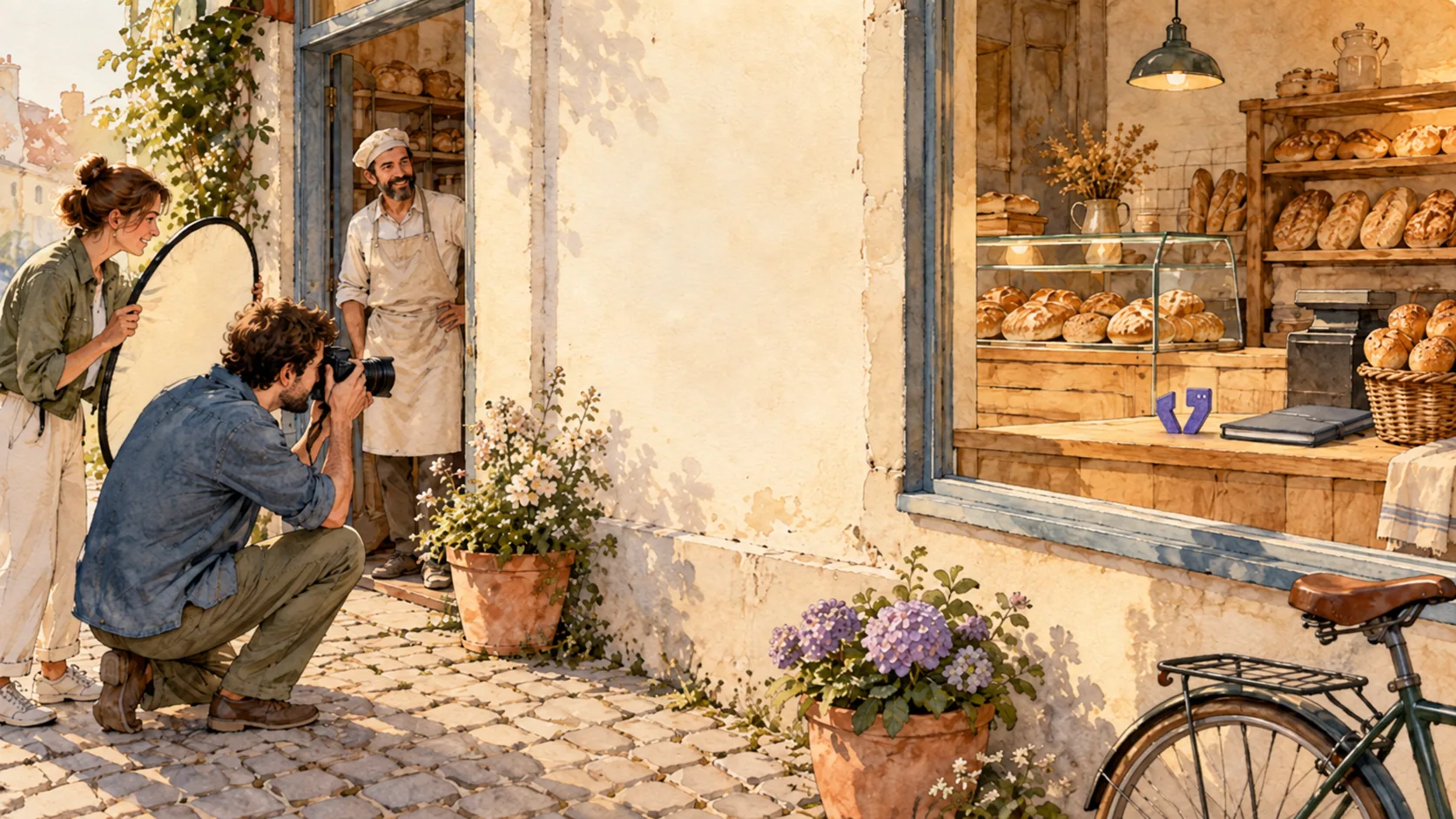 Illustration: Ein Fotograf kniet vor einer Bäckerei und fotografiert, eine Helferin hält einen Reflektor, der Bäcker steht lächelnd in der Tür. Im Schaufenster steht eine kleine Figur neben einer Mappe.