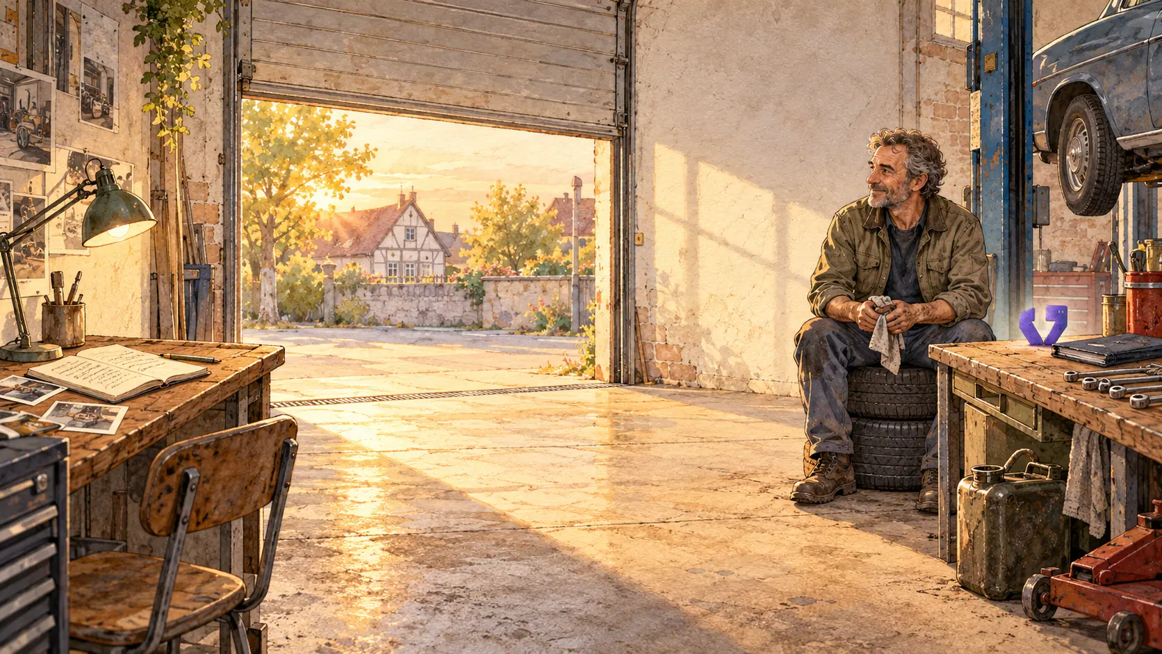 Illustration: Ein Kfz-Mechaniker sitzt in seiner Werkstatt auf einem Reifenstapel und wischt sich die Hände ab. Auf der Werkbank neben ihm steht eine kleine Figur neben einer Mappe.