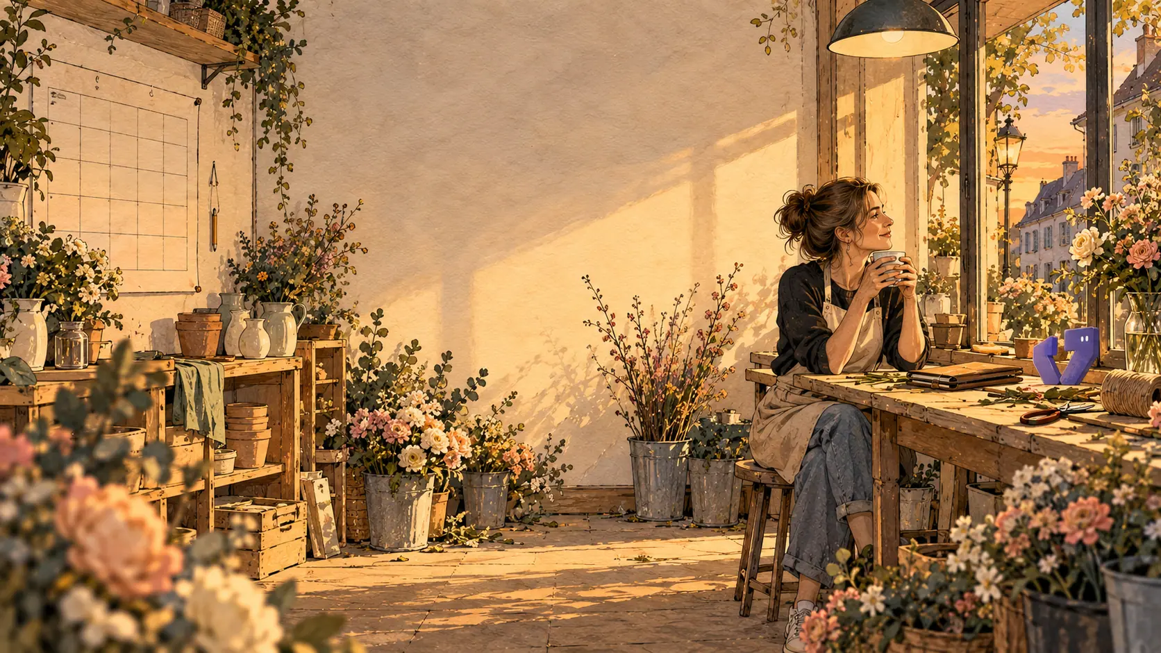Illustration: Eine Floristin sitzt in ihrem Blumenladen an der Werkbank, hält eine Tasse und schaut aus dem Fenster auf die Gasse. Auf dem Tisch steht eine kleine Figur neben einer Mappe.
