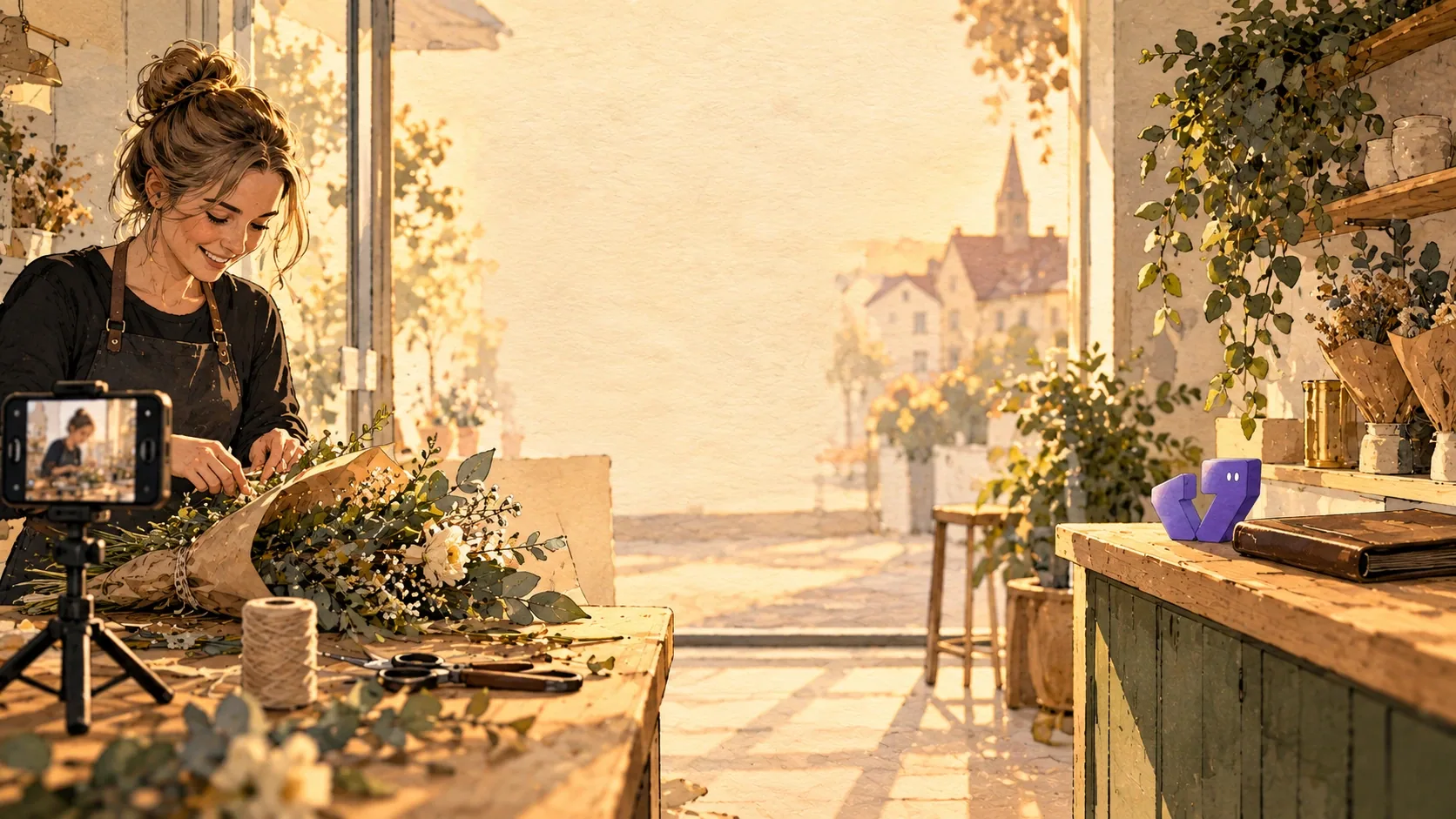 Illustration: Eine Floristin bindet in ihrem Laden einen Strauß, ein Handy auf einem Stativ filmt sie dabei. Rechts auf dem Tresen steht eine kleine Figur neben einer Mappe.