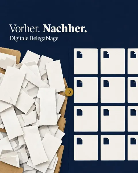 Links liegt ein Stapel Papierbelege, rechts stehen dieselben Belege als geordnete Dateien, darüber steht „Vorher. Nachher. Digitale Belegablage“.