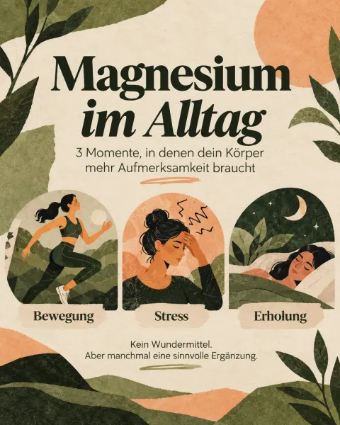 Drei gemalte Szenen zeigen eine Läuferin, eine Frau mit Kopfschmerzen und eine Schlafende, darüber steht „Magnesium im Alltag“.