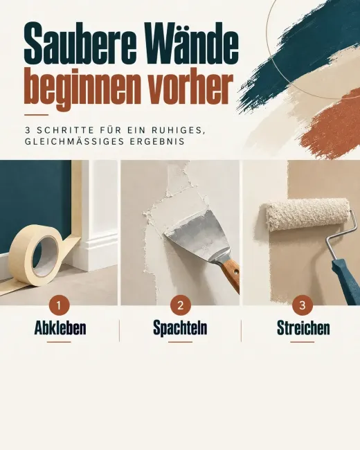 Drei Bilder zeigen, wie eine Wand abgeklebt, gespachtelt und gestrichen wird, darüber steht „Saubere Wände beginnen vorher“.