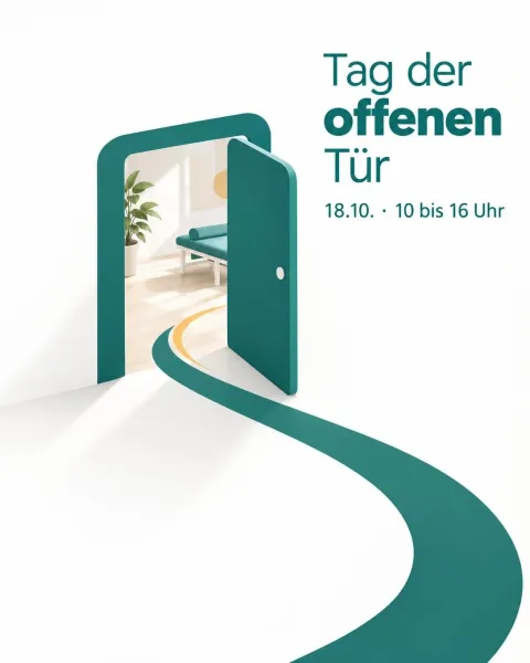 Eine grüne Tür steht offen und gibt den Blick in einen hellen Behandlungsraum frei, daneben steht „Tag der offenen Tür, 18.10., 10 bis 16 Uhr“.