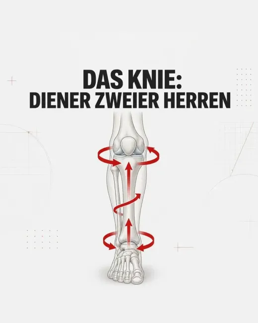 Eine anatomische Zeichnung von Unterschenkel und Fuß zeigt mit roten Pfeilen, wie Kräfte auf das Knie wirken, darüber steht „Das Knie: Diener zweier Herren“.