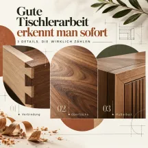 Drei Nahaufnahmen aus Holz zeigen eine Zinkenverbindung, eine glatte Oberfläche und eine passgenaue Kante, darüber steht „Gute Tischlerarbeit erkennt man sofort“.