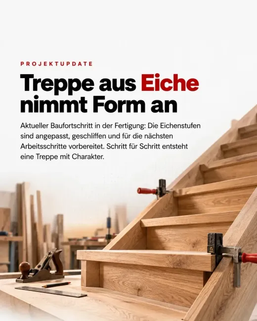 Eine halbfertige Treppe aus Eiche steht mit Schraubzwingen in der Werkstatt, darüber steht „Treppe aus Eiche nimmt Form an“.