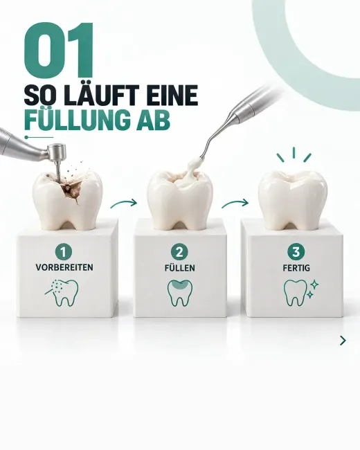 Drei Zahnmodelle auf weißen Sockeln zeigen die Schritte Vorbereiten, Füllen und Fertig, darüber steht „So läuft eine Füllung ab“.