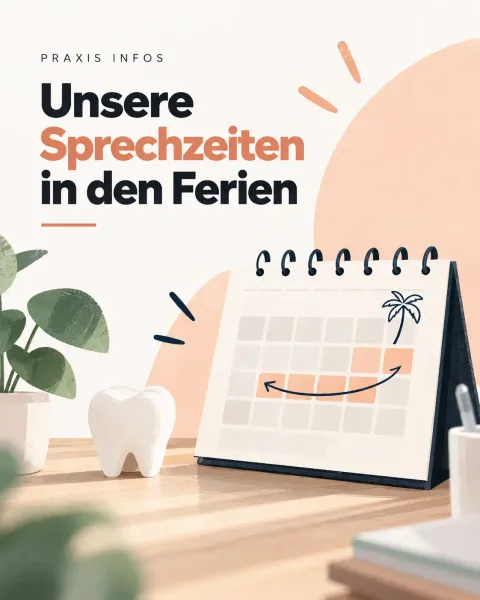 Ein Tischkalender mit markierten Ferientagen steht neben einem Zahnmodell, darüber steht „Unsere Sprechzeiten in den Ferien“.