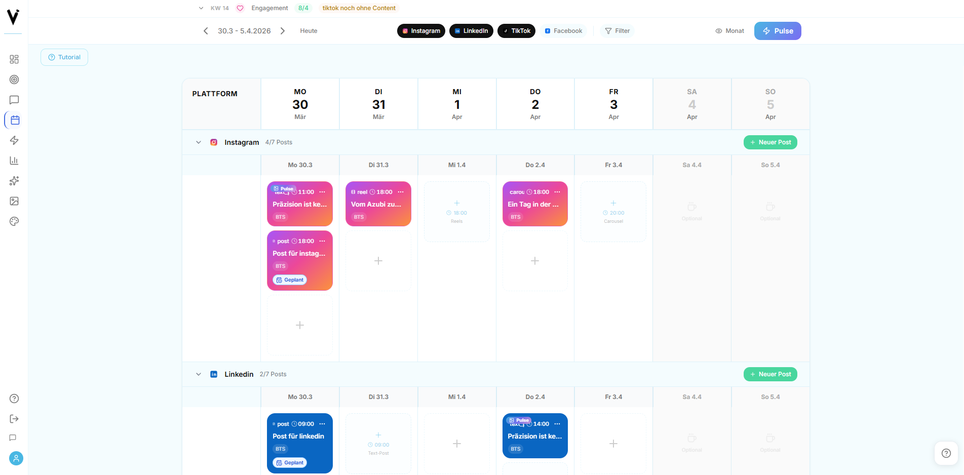 Vektrus Content Planner: Strukturierter Wochenplan mit automatisch erstellten Social-Media-Posts für mehrere Plattformen